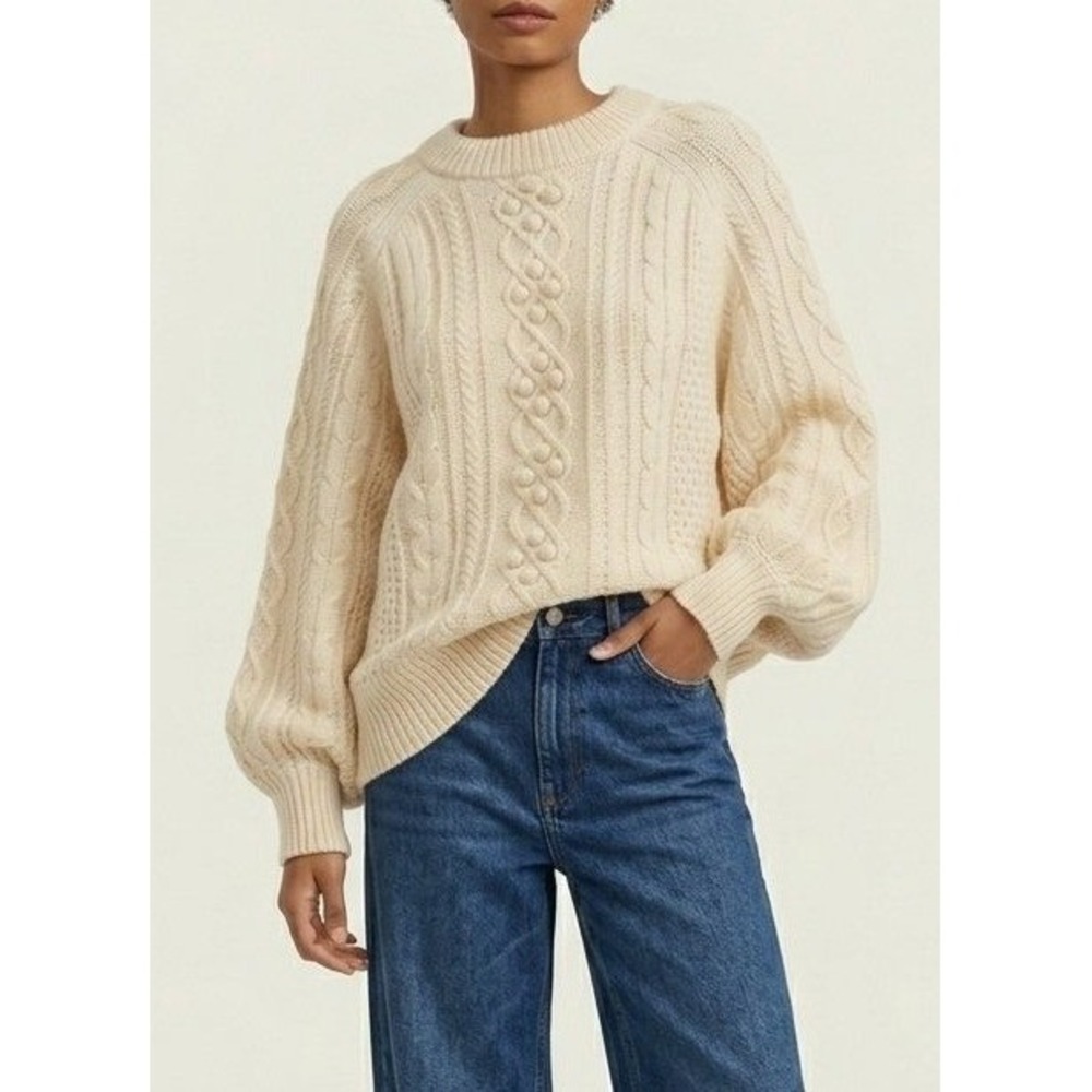 DEMYLEE® X J.Crew Ivory Cable Knit Popcorn Ballon Sleeve  Chunky Sweater X-Large